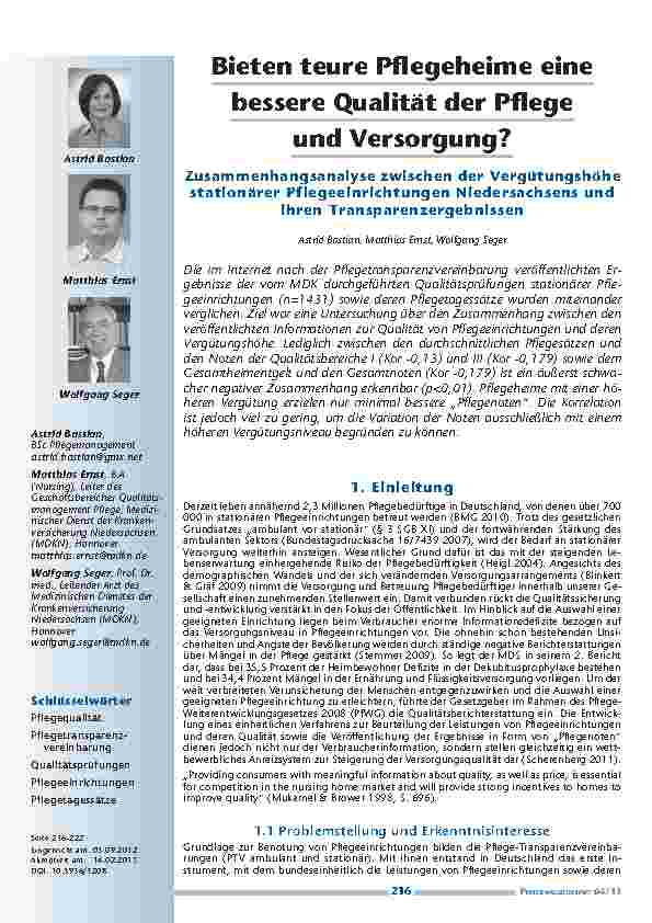 Bieten teure Pflegeheime eine bessere Qualität der Pflege und Versorgung? Zusammenhangsanalyse zwischen der Vergütungshöhe stationärer Pflegeeinrichtungen Niedersachsens und ihren Transparenzergebnissen