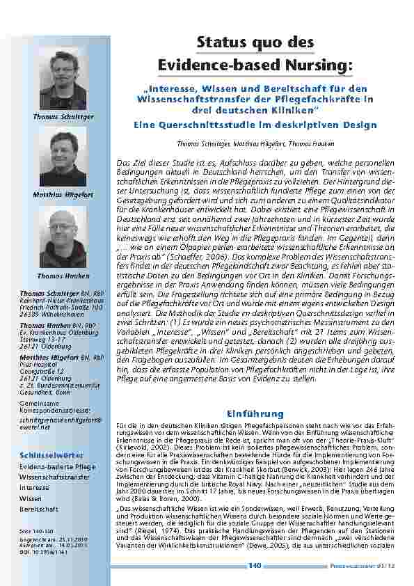 Status quo des Evidence-based Nursing: „Interesse, Wissen und Bereitschaft für den Wissenschaftstransfer der Pflegefachkräfte in drei deutschen Kliniken“ - Eine Querschnittsstudie im deskriptiven Design