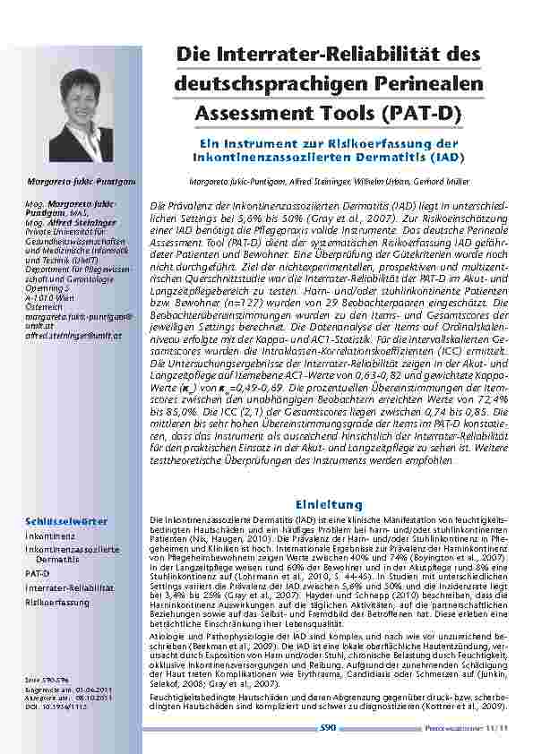 Die Interrater-Reliabilität des deutschsprachigen Perinealen Assessment Tools (PAT-D). Ein Instrument zur Risikoerfassung der Inkontinenzassoziierten Dermatitis (IAD)