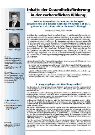 Titelseite zu Inhalte der Gesundheitsförderung in der vorberuflichen Bildung: Welche Gesundheitskompetenzen bringen Schülerinnen und Schüler nach der 10. Klasse auf Basis geltender Lehrpläne mit in die Berufsbildung?
