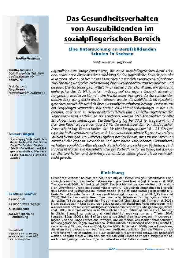 Das Gesundheitsverhalten von Auszubildenden im sozialpflegerischen Bereich – Eine Untersuchung an Berufsbildenden Schulen in Sachsen