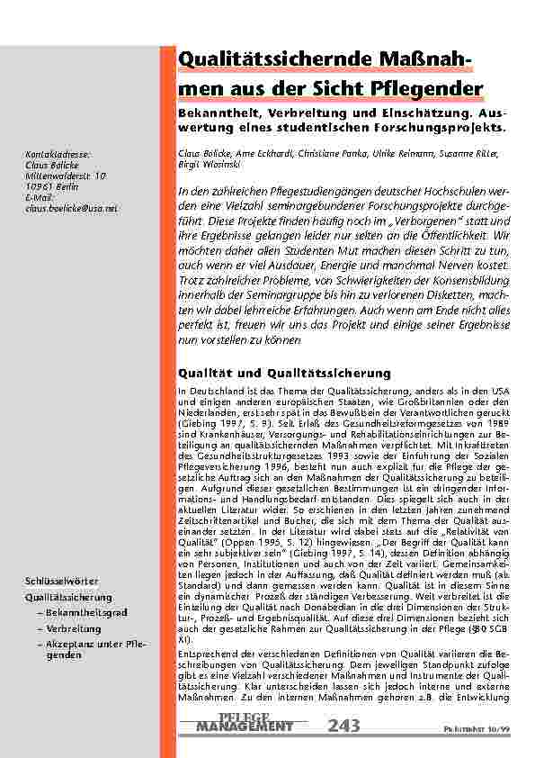 Qualitätssichernde Maßnah-men aus der Sicht Pflegender