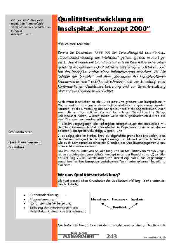 Qualitätsentwicklung am Inselspital: „Konzept 2000“