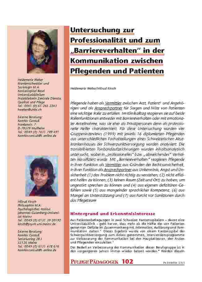 Untersuchung zur Professionalität und zum „Barriereverhalten“ in der Kommunikation zwischen Pflegenden und Patienten
