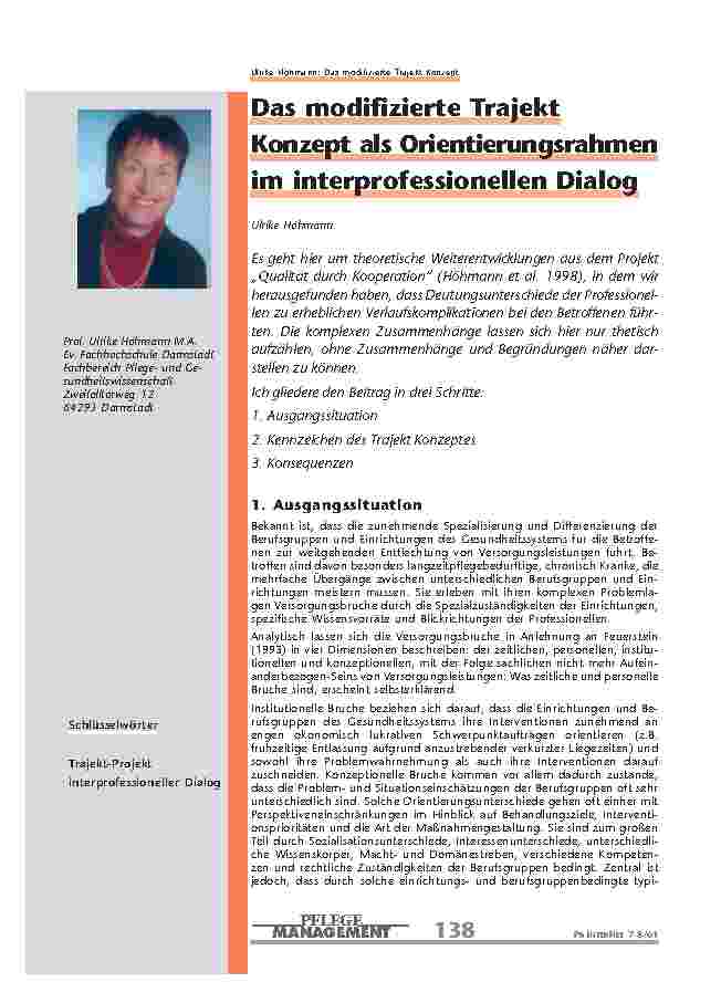 Das modifizierte Trajekt Konzept als Orientierungsrahmen im interprofessionellen Dialog