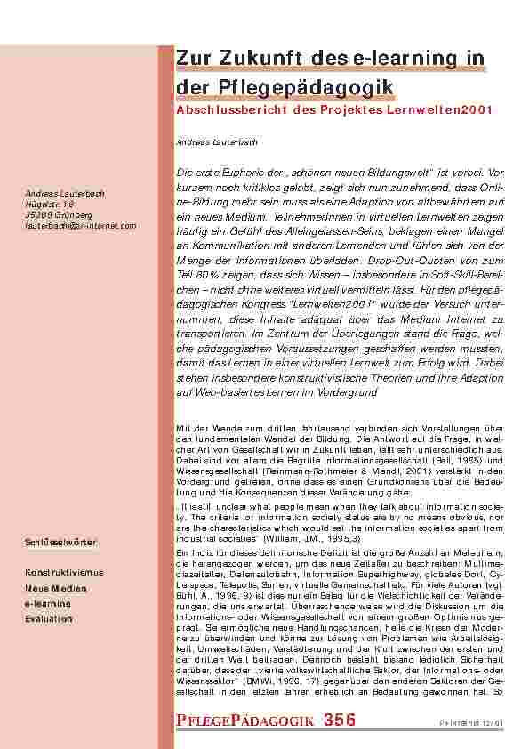 Zur Zukunft des e-learning in der Pflegepädagogik