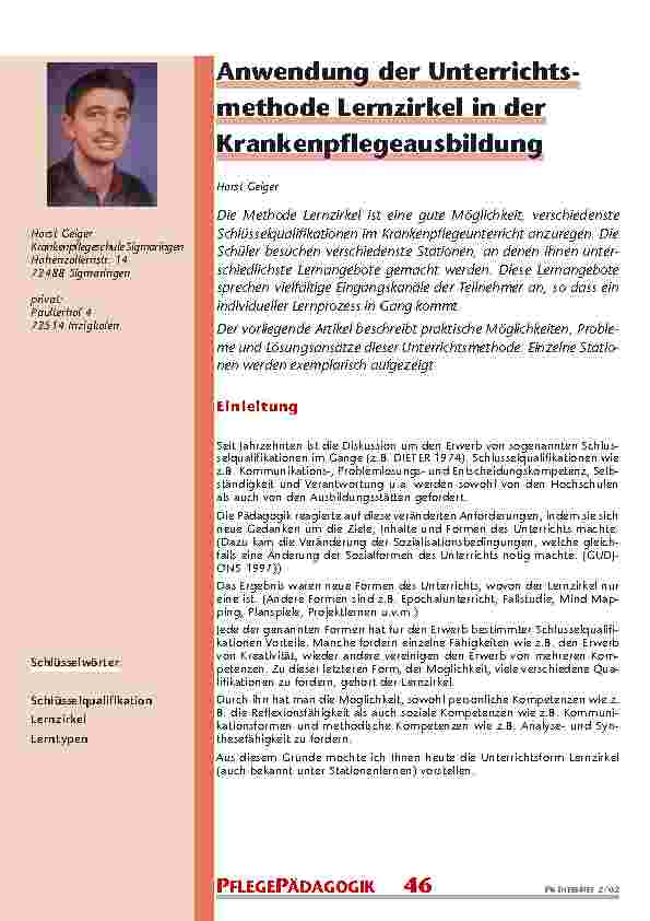 Anwendung der Unterrichtsmethode Lernzirkel in der Krankenpflegeausbildung