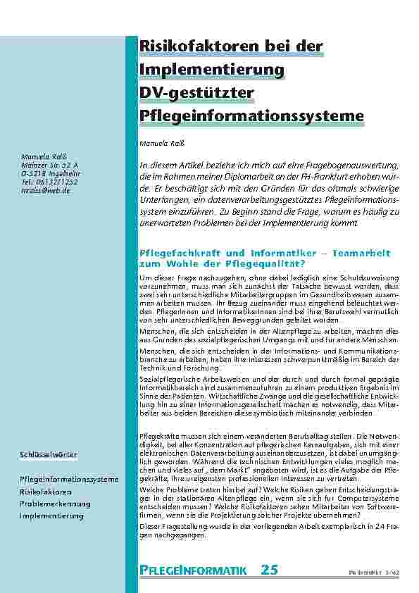 Risikofaktoren bei der Implementierung DV-gestützter Pflegeinformationssysteme