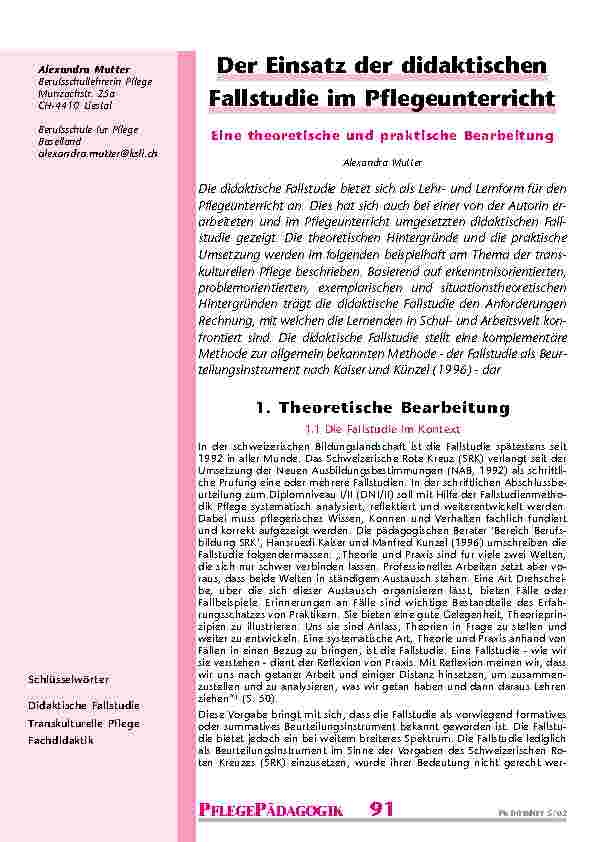 Der Einsatz der didaktischen Fallstudie im Pflegeunterricht