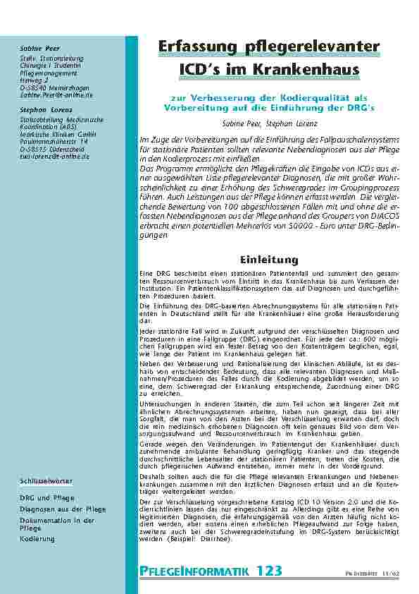 Erfassung pflegerelevanter ICD‘s im Krankenhaus