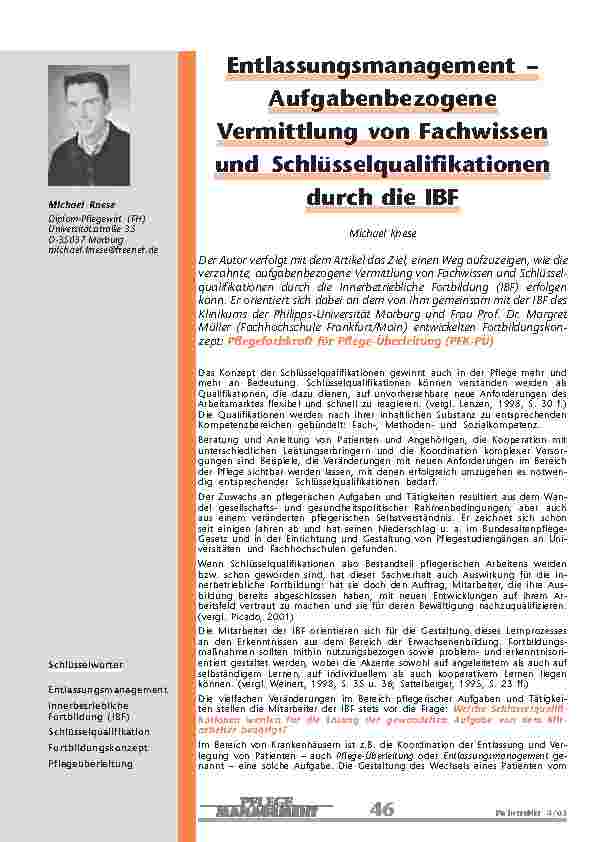 Entlassungsmanagement –AufgabenbezogeneVermittlung von Fachwissenund Schlüsselqualifikationendurch die IBF