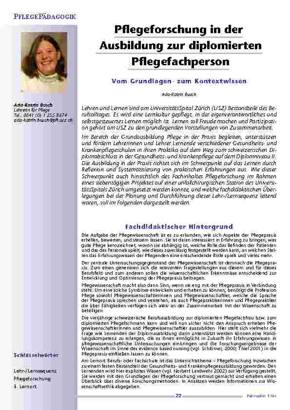 Pflegeforschung in derAusbildung zur diplomiertenPflegefachperson