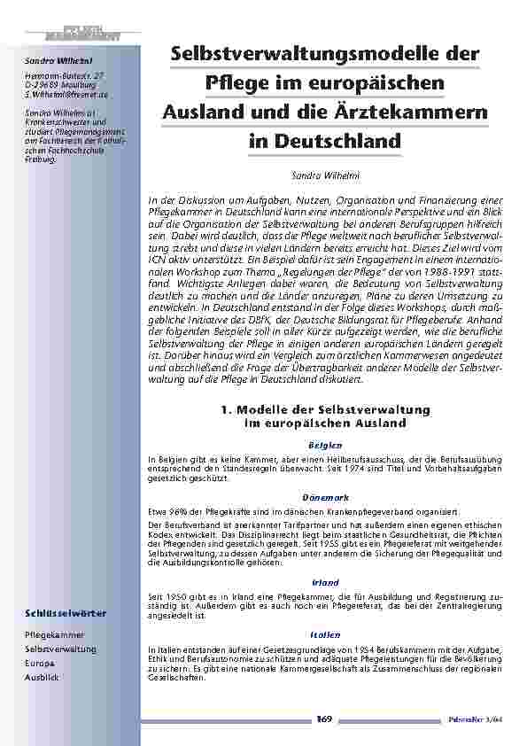 Selbstverwaltungsmodelle derPflege im europäischenAusland und die Ärztekammernin Deutschland