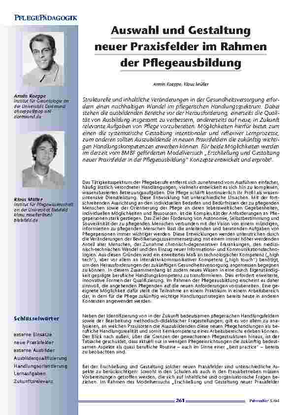 Auswahl und Gestaltungneuer Praxisfelder im Rahmender Pflegeausbildung