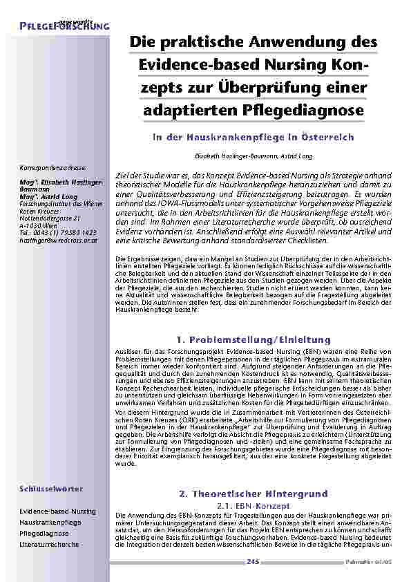 Die praktische Anwendung desEvidence-based Nursing Konzeptszur Überprüfung eineradaptierten Pflegediagnose
