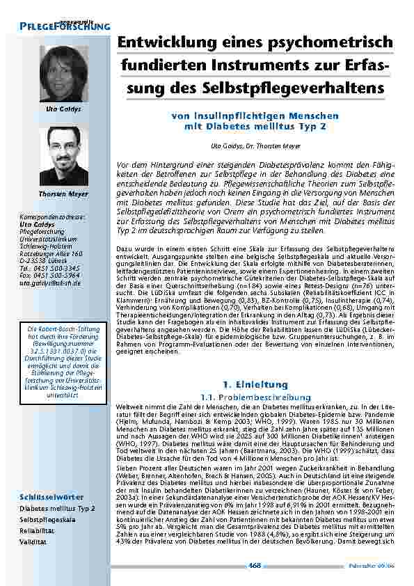 Entwicklung eines psychometrischfundierten Instruments zur Erfassung des Selbstpflegeverhaltens von insulinpflichtigen Menschen mit Diabetes mellitus Typ 2