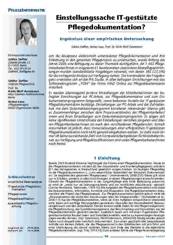 Einstellungssache IT-gestütztePflegedokumentation? Ergebnisse einer empirischen Untersuchung