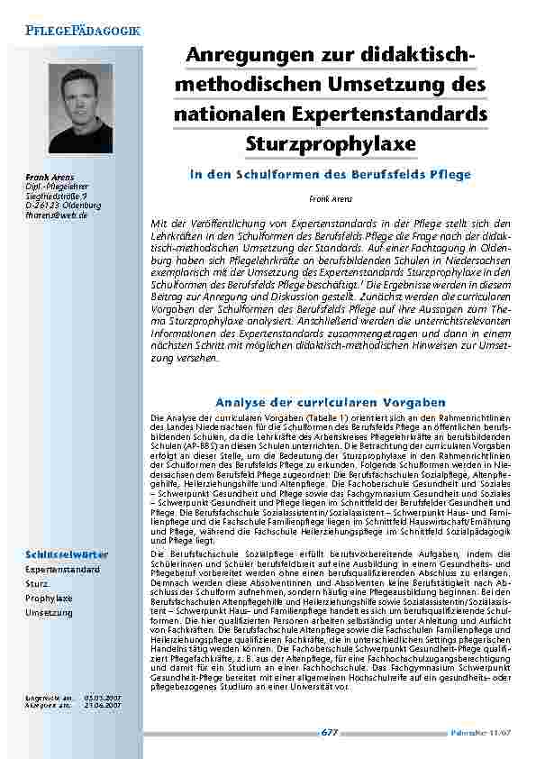 Anregungen zur didaktischmethodischenUmsetzung desnationalen ExpertenstandardsSturzprophylaxein den Schulformen des Berufsfelds Pflege