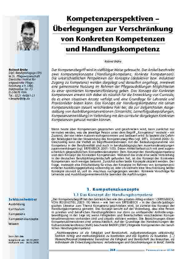 Kompetenzperspektiven – Überlegungen zur Verschränkung von Konkreten Kompetenzen und Handlungskompetenz