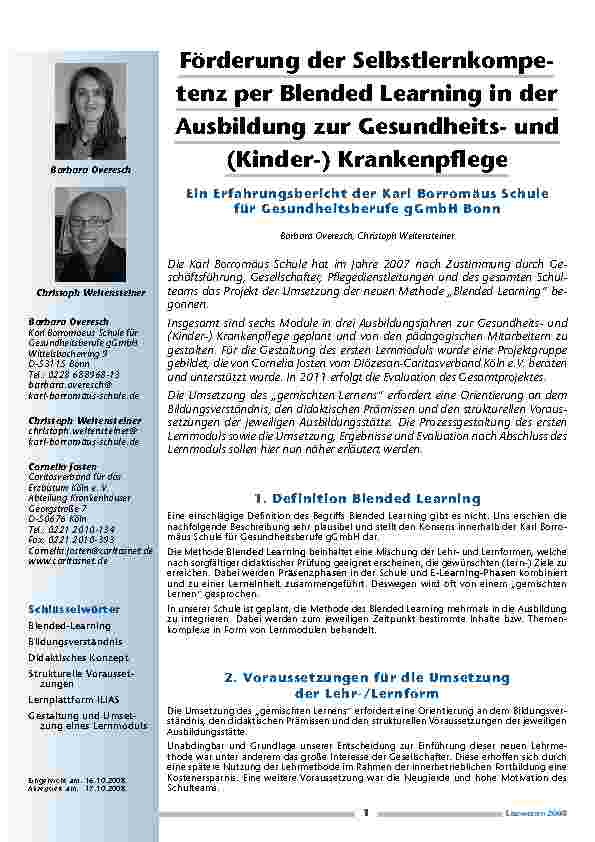 Förderung der Selbstlernkompetenz per Blended Learning in der Ausbildung zur Gesundheitsund (Kinder-) Krankenpflege Ein Erfahrungsbericht der Karl Borromäus Schule für Gesundheitsberufe gGmbH Bonn