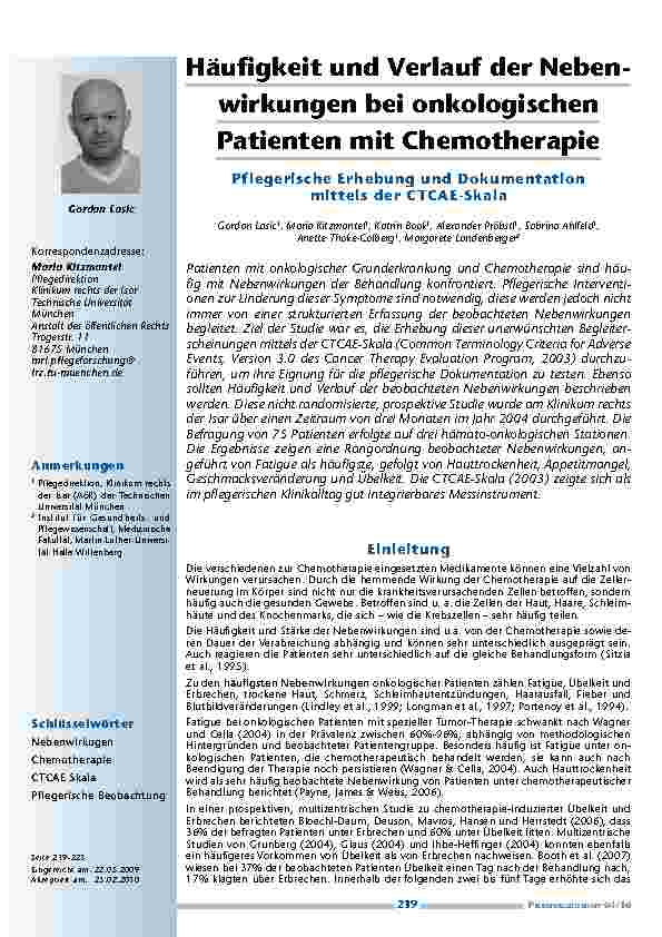 Häufigkeit und Verlauf der Nebenwirkungen bei onkologischen Patienten mit Chemotherapie – Pflegerische Erhebung und Dokumentation mittels der CTCAE-Skala