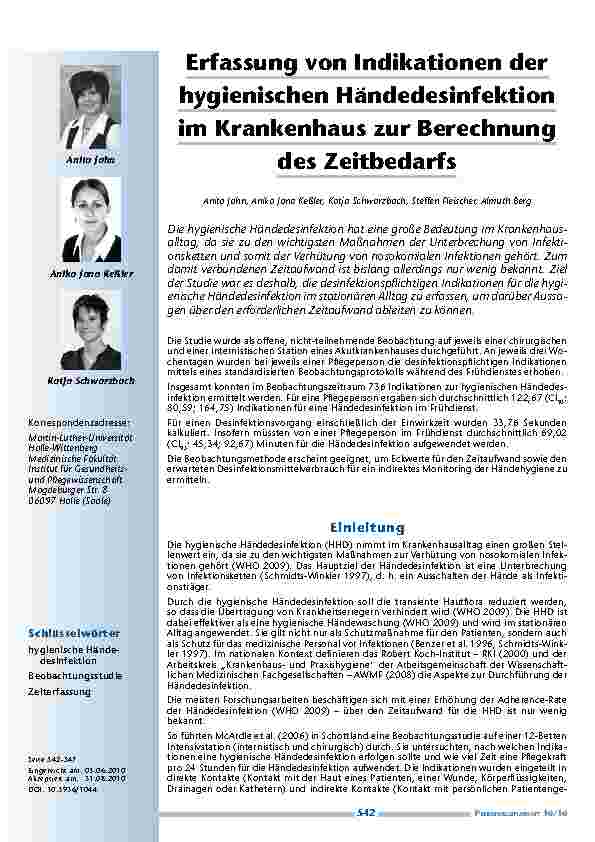 Erfassung von Indikationen der hygienischen Händedesinfektion im Krankenhaus zur Berechnung des Zeitbedarfs