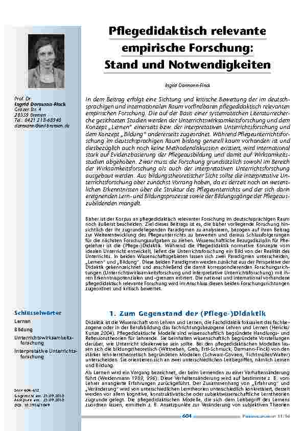 Pflegedidaktisch relevante empirische Forschung: Stand und Notwendigkeiten