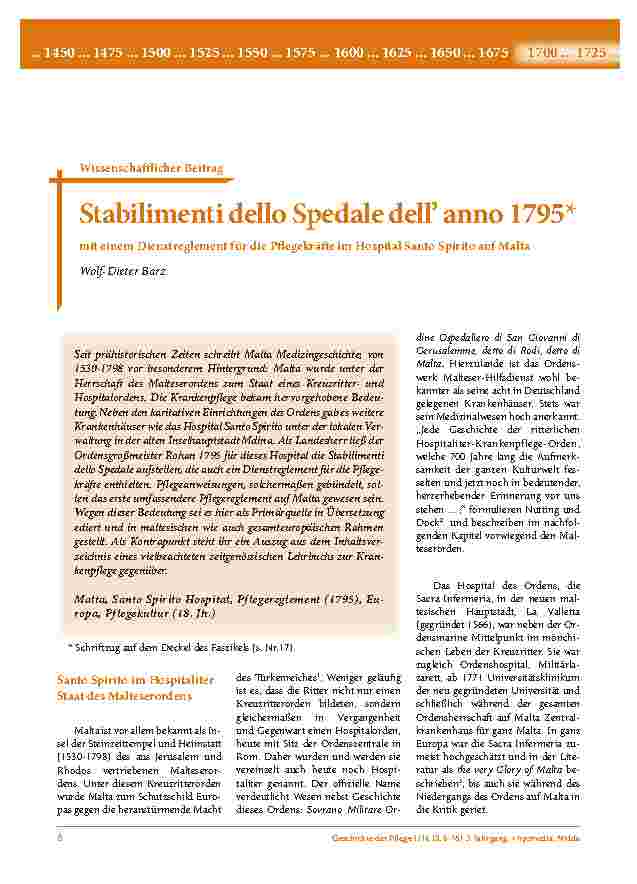 Stabilimenti dello Spedale dell’ anno 1795* mit einem Dienstreglement für die Pflegekräfte im Hospital Santo Spirito auf Malta