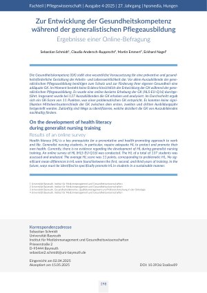 Titelseite zu Zur Entwicklung der Gesundheitskompetenz während der generalistischen Pflegeausbildung Ergebnisse einer Online-Befragung