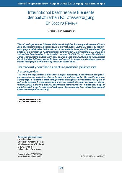 International beschriebene Elemente der pädiatrischen Palliativversorgung. Ein Scoping Review