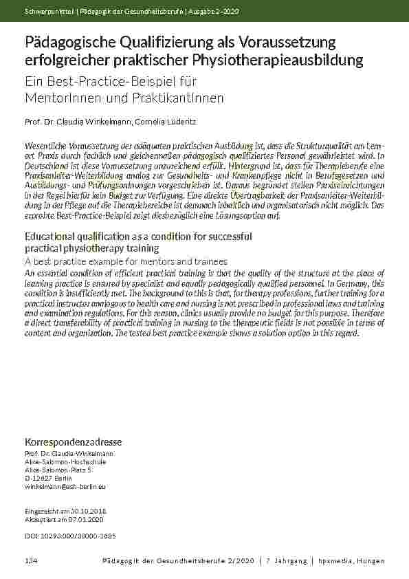 Pädagogische Qualifizierung als Voraussetzung erfolgreicher praktischer Physiotherapieausbildung. Ein Best-Practice-Beispiel für Mentorinnen und Praktikantinnen.