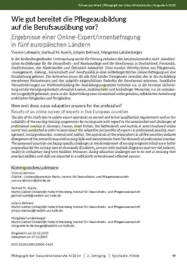 Wie gut bereitet die Pflegeausbildung auf die Berufsausübung vor? Ergebnisse einer Online-Expert/innenbefragung in fünf europäischen Ländern