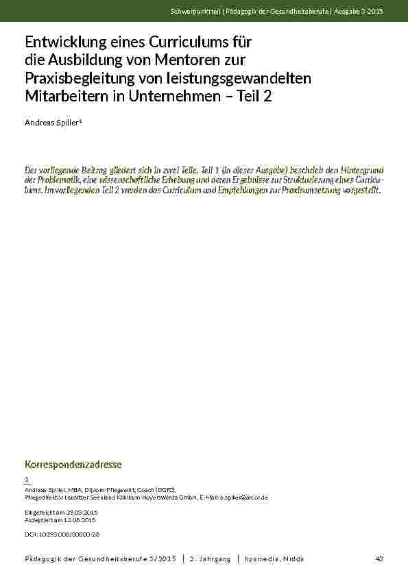Entwicklung eines Curriculums für die Ausbildung von Mentoren zur Praxisbegleitung von leistungsgewandelten Mitarbeitern in Unternehmen – Teil 2