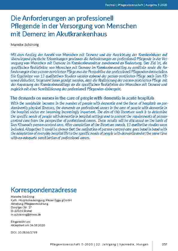 Die Anforderungen an professionell Pflegende in der Versorgung von Menschen mit Demenz im Akutkrankenhaus