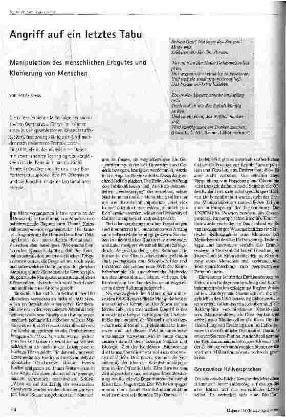 Angriff auf ein letztes Tabu Manipulation des menschlichen Erbgutes und Klonierung von Menschen