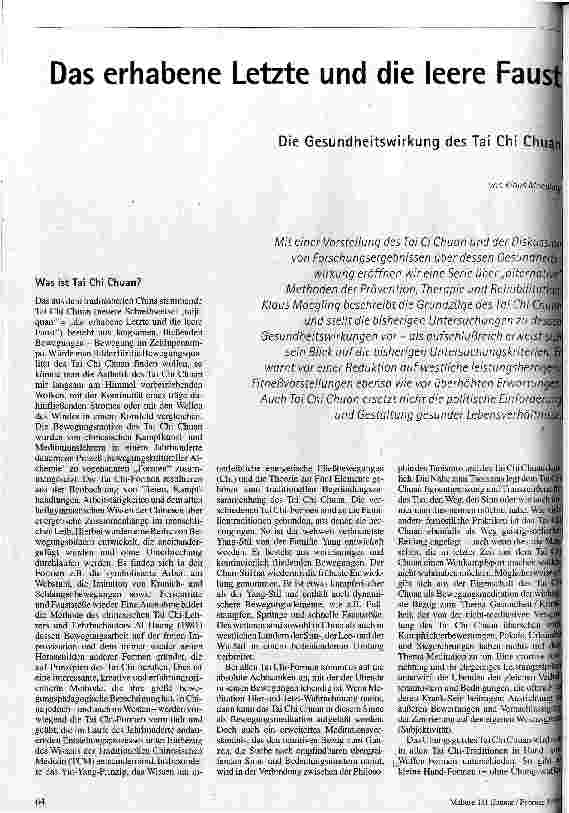 Das erhabene Letzte und die leere Faust Die Gesundheitswirkung des Tai Chi Chuan
