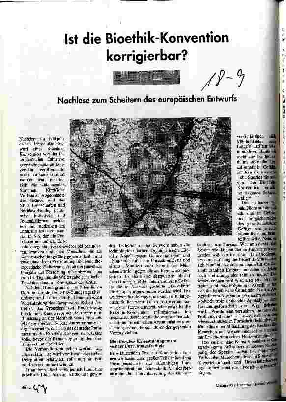 Ist die Bioethik-Konvention korrigierbar? nachlese zum Scheitern des europäischen Entwurfs