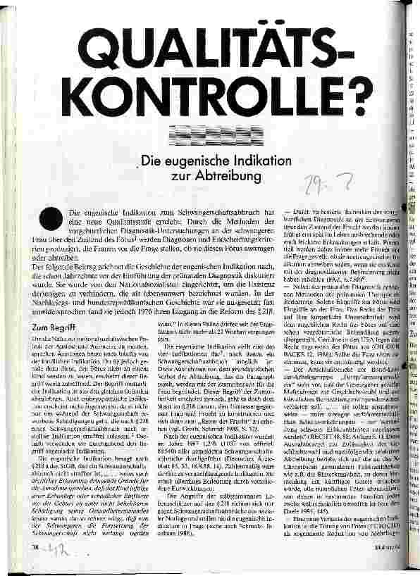 Qualtitätskontrolle? Die eugenische Indikation zur Abtreibung