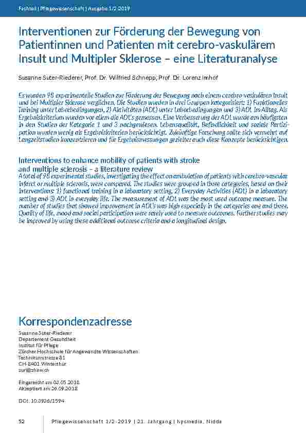 Interventionen zur Förderung der Bewegung von Patientinnen und Patienten mit cerebro-vaskulärem Insult und Multipler Sklerose – eine Literaturanalyse