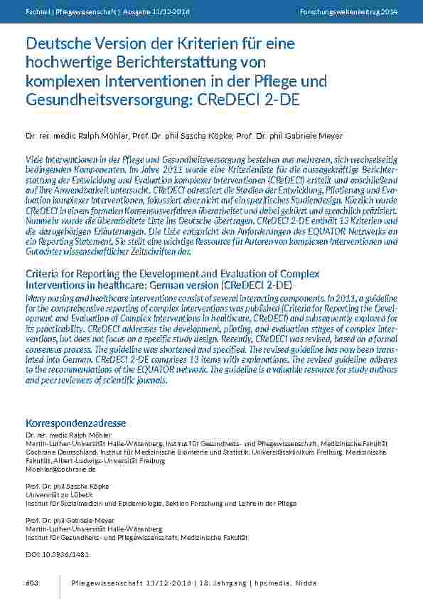 Deutsche Version der Kriterien für eine hochwertige Berichterstattung von komplexen Interventionen in der Pflege und Gesundheitsversorgung: CReDECI 2-DE