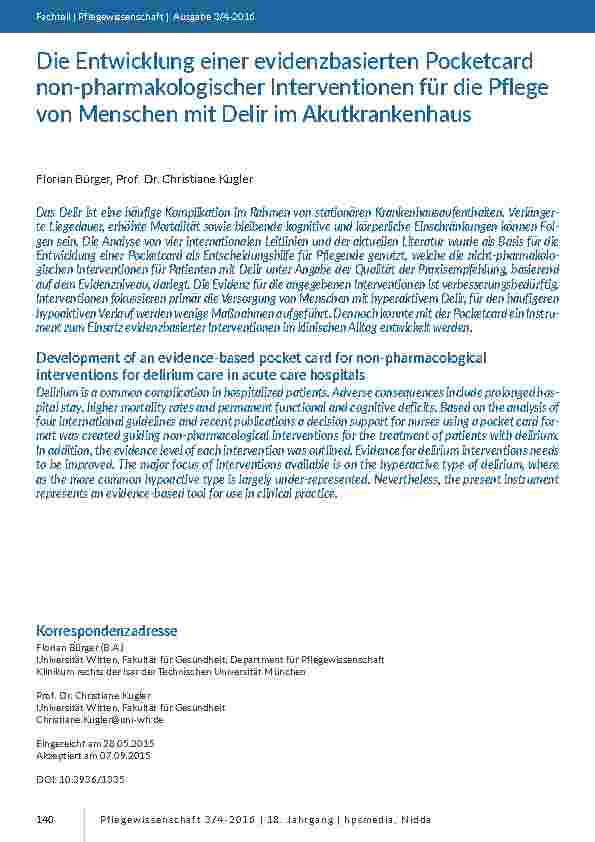 Die Entwicklung einer evidenzbasierten Pocketcard non-pharmakologischer Interventionen für die Pflege von Menschen mit Delir im Akutkrankenhaus