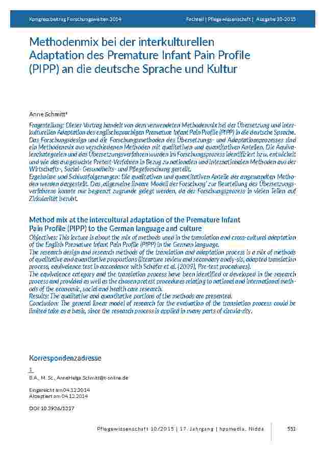 Methodenmix bei der interkulturellen Adaptation des Premature Infant Pain Profile (PIPP) an die deutsche Sprache und Kultur