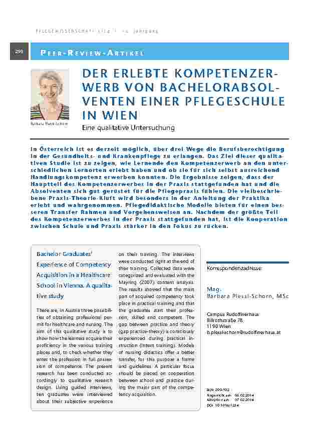 Der erlebte Kompetenzerwerb von Bachelorabsolventen einer Pflegeschule in Wien. Eine qualitative Untersuchung