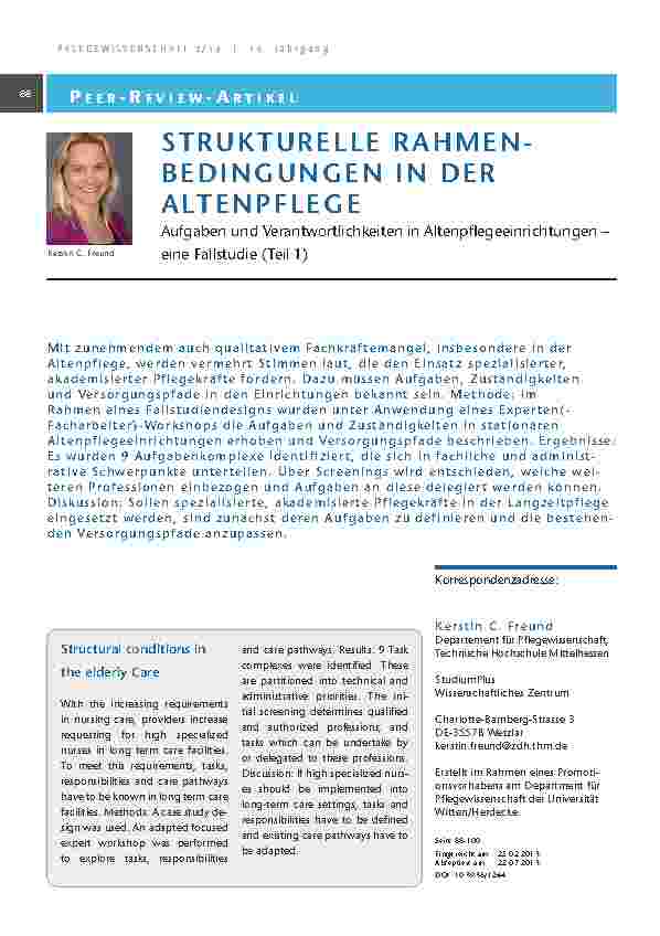 Strukturelle Rahmenbedingungen in der Altenpflege Aufgaben und Verantwortlichkeiten in Altenpflegeeinrichtungen – eine Fallstudie (Teil 1)