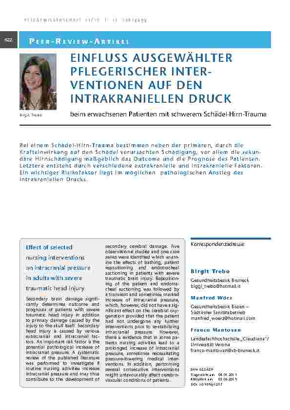 Einfluss ausgewählter pflegerischer Interventionen auf den intrakraniellen Druck beim erwachsenen Patienten mit schwerem Schädel-Hirn-Trauma